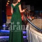 Women’s super stylish and elegant glitz green party gown with side slit skirt back side view