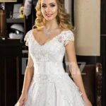 Women’s super stylish and elegant white wedding tulle gown with lacy bodice close view