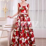 Women’s super stylish and fancy rich satin long gown with red rosette prints all over