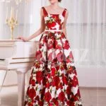 Women’s super stylish and fancy rich satin long gown with red rosette prints all over