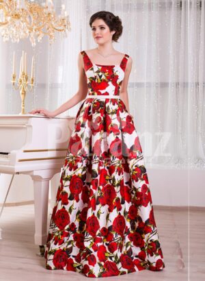 Women’s super stylish and fancy rich satin long gown with red rosette prints all over