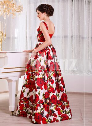 Women’s super stylish and fancy rich satin long gown with red rosette prints all over side view