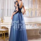Women’s super stylish and glam floor length tulle skirt gown with flower appliquéd bodice back side view