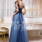 Women’s super stylish and glam floor length tulle skirt gown with flower appliquéd bodice back side view