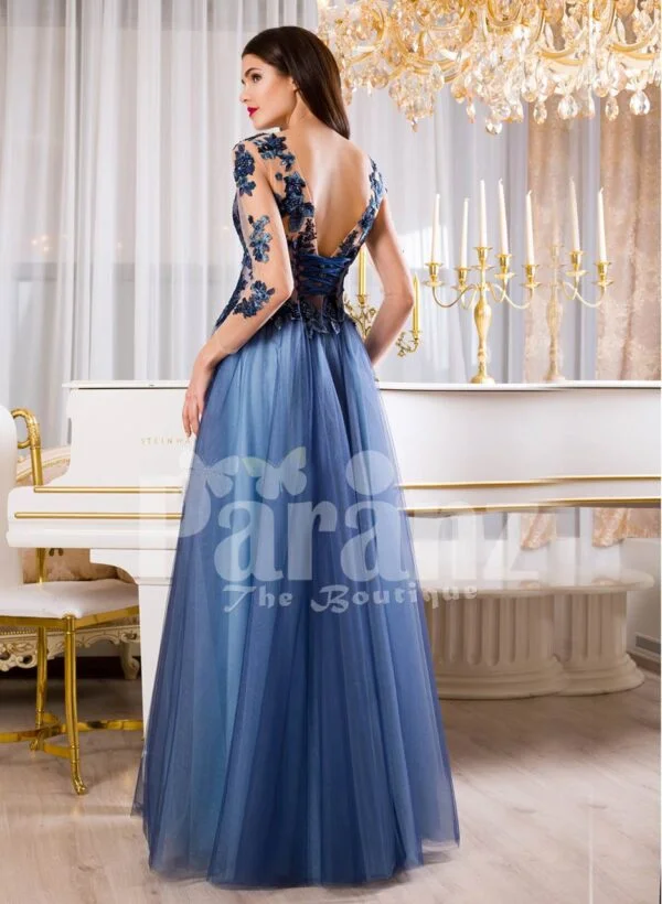 Women’s super stylish and glam floor length tulle skirt gown with flower appliquéd bodice back side view