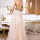 Women’s super stylish golden sequin bodice evening gown with long pink tulle skirt Back Side View