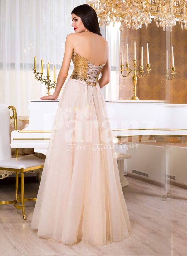 Women’s super stylish golden sequin bodice evening gown with long pink tulle skirt Back Side View