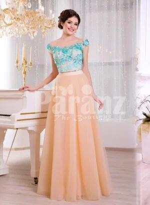 Women’s super stylish long tulle skirt peach gown with mint floral appliquéd bodice