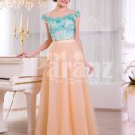 Women’s super stylish long tulle skirt peach gown with mint floral appliquéd bodice