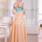 Women’s super stylish long tulle skirt peach gown with mint floral appliquéd bodice back side view