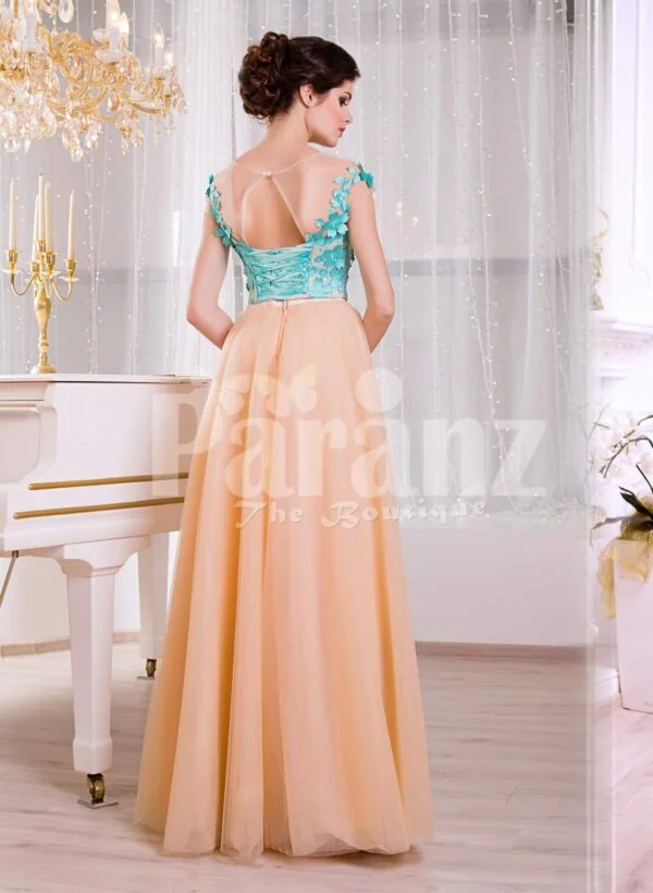 Women’s super stylish long tulle skirt peach gown with mint floral appliquéd bodice back side view