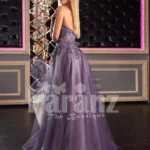 Women’s super stylish off-shoulder flared tulle skirt gown in metal purple baxk side view