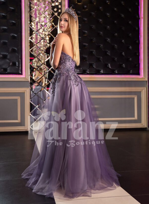 Women’s super stylish off-shoulder flared tulle skirt gown in metal purple baxk side view