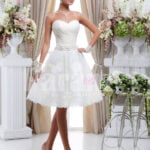Women’s tea length pearl white wedding tulle gown with off-shoulder bodice