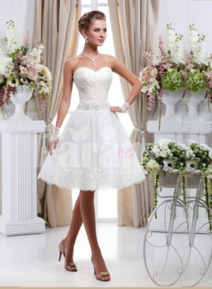 Women’s tea length pearl white wedding tulle gown with off-shoulder bodice