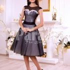 Women’s tea length rich satin-sheer evening party dress with white lace appliquéd bodice