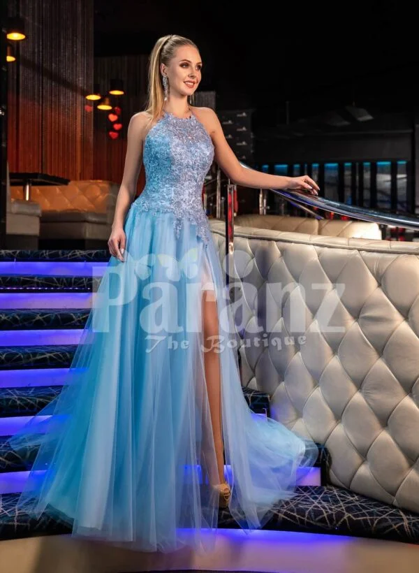 Women’s truly beautiful glitz sky blue side slit tulle skirt gown with royal bodice