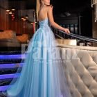 Women’s truly beautiful glitz sky blue side slit tulle skirt gown with royal bodice back side view