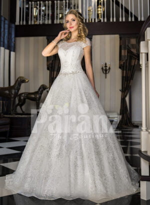 Women’s truly beautiful satin-tulle pearl white glitz wedding gown