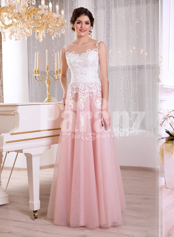 Women’s truly elegant pink tulle skirt evening gown with sleeveless white bodice