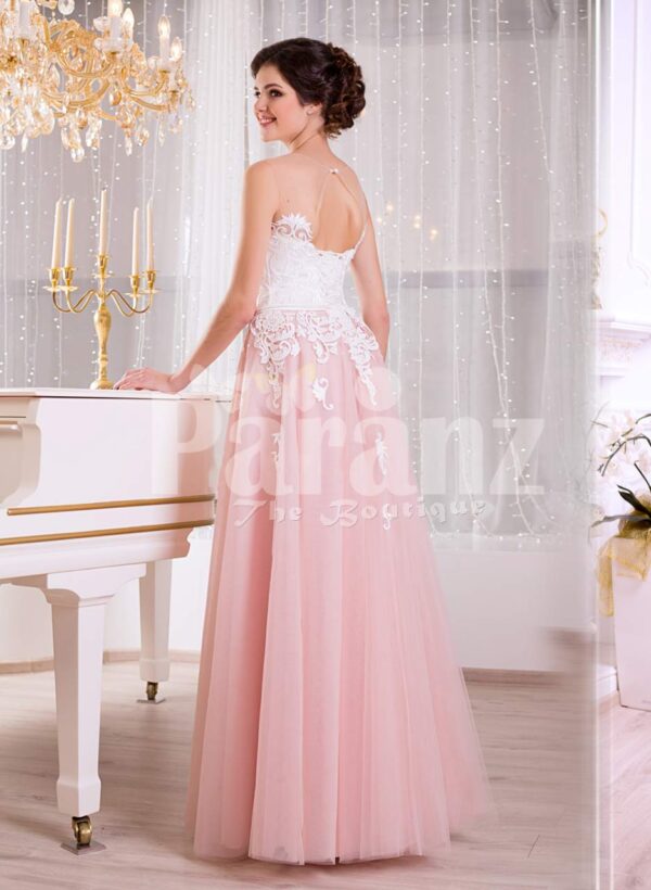 Women’s truly elegant pink tulle skirt evening gown with sleeveless white bodice view