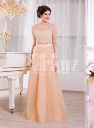 Women’s truly glam evening gown with long peachy orange tulle skirt and satin bodice