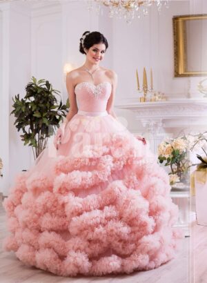 Women’s unique elegant evening gown with long tulle skirt with ruffle cloud hem in pink