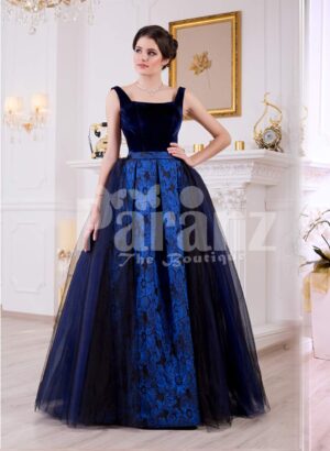 Women’s velvet bodice glam evening gown with flared and high volume satin-tulle skirt