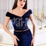 Women’s velvet navy floor length evening gown with elegant off-shoulder bodice