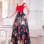 Women’s vibrant red satin bodice evening gown with floral printed rich satin skirt