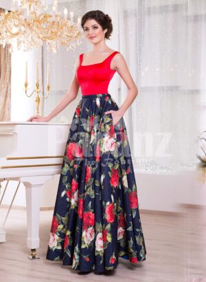 Women’s vibrant red satin bodice evening gown with floral printed rich satin skirt