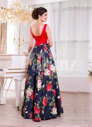 Women’s vibrant red satin bodice evening gown with floral printed rich satin skirt side view