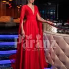 Women’s vibrant red side slit tulle skirt gown with long frilly sleeves