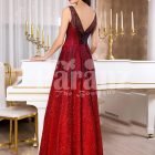 Women’s vibrant red sleeveless evening gown with floor length skirt back side view