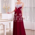 Women’s white lace appliquéd bodice glam evening gown with long maroon skirt