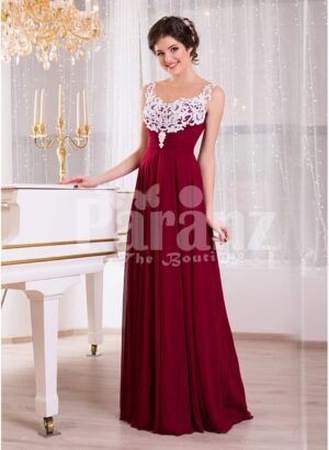 Women’s white lace appliquéd bodice glam evening gown with long maroon skirt