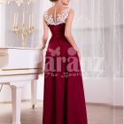 Women’s white lace appliquéd bodice glam evening gown with long maroon skirt back side view