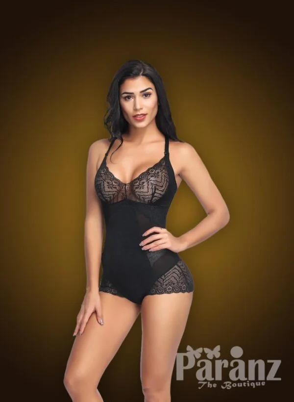 Black semi open-bust style delicate lace work strappy sleeve body shaper