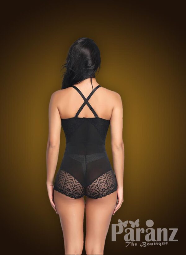 Black semi open-bust style delicate lace work strappy sleeve body shaper back side view