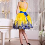Bright yellow small evening gown with short tulle skirt and rich blue lace work back side view