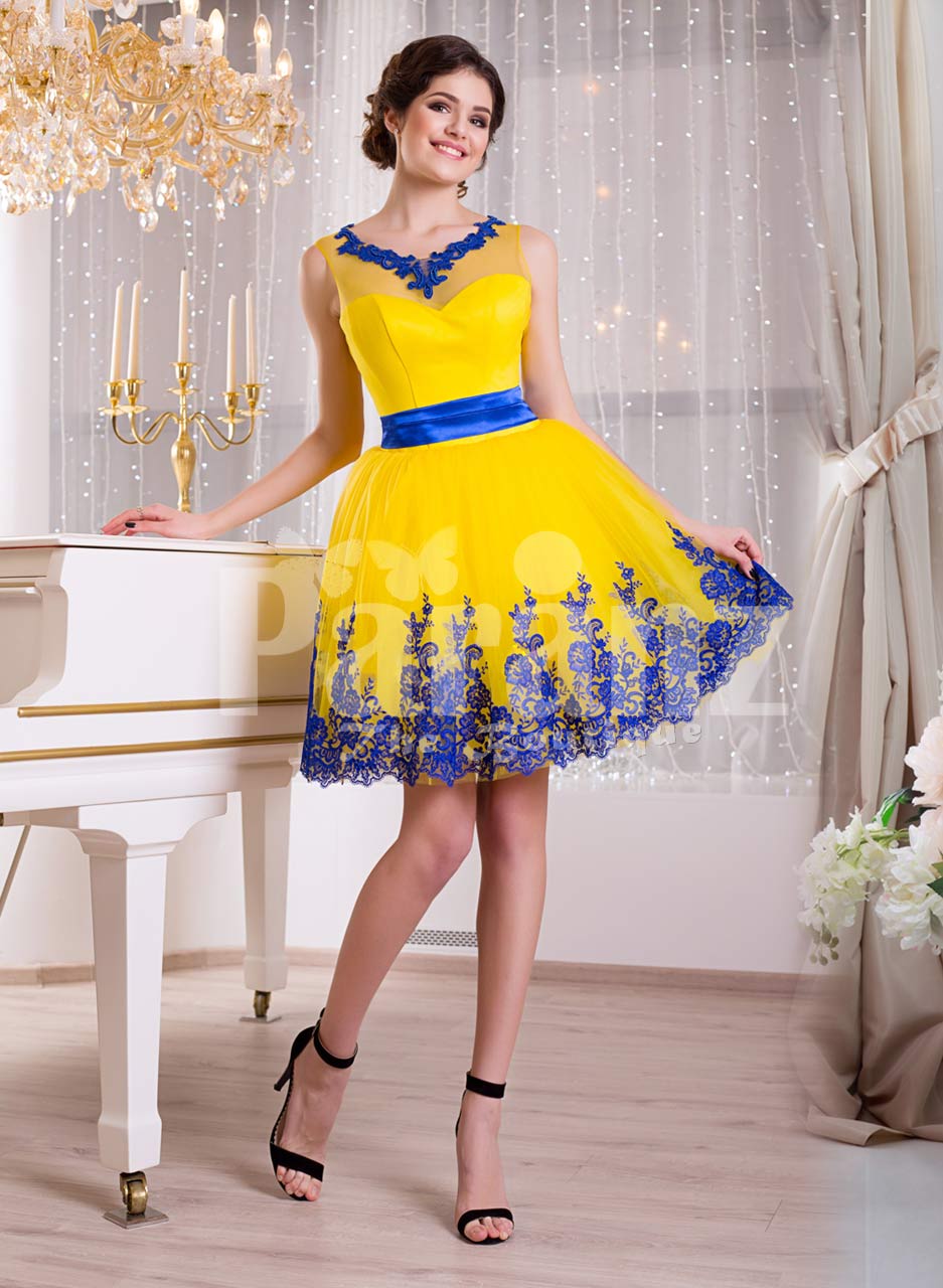 short tulle skirt and rich blue lace work