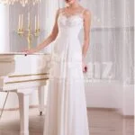 Elegant pearl white sleeveless evening gown with long tulle skirt and lace appliquéd bodice