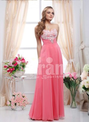 Off-shoulder bodice with lace-rhinestone work floor length sleek tulle skirt gown in peach pink