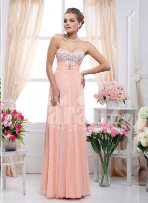 Off-shoulder floor length lightweight sleek tulle skirt evening gown in peach pink