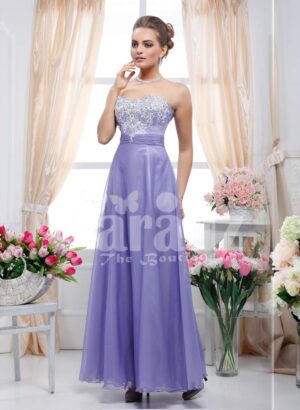 Off-shoulder rhinestone-lace work bodice evening gown with long violate sleek tulle skirt