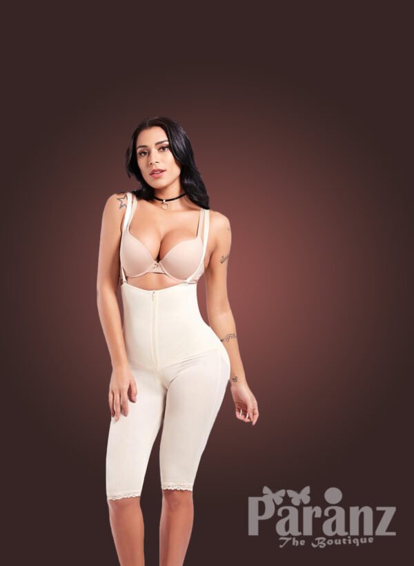 Open bust style tummy slimming body shaper with front zipper closure