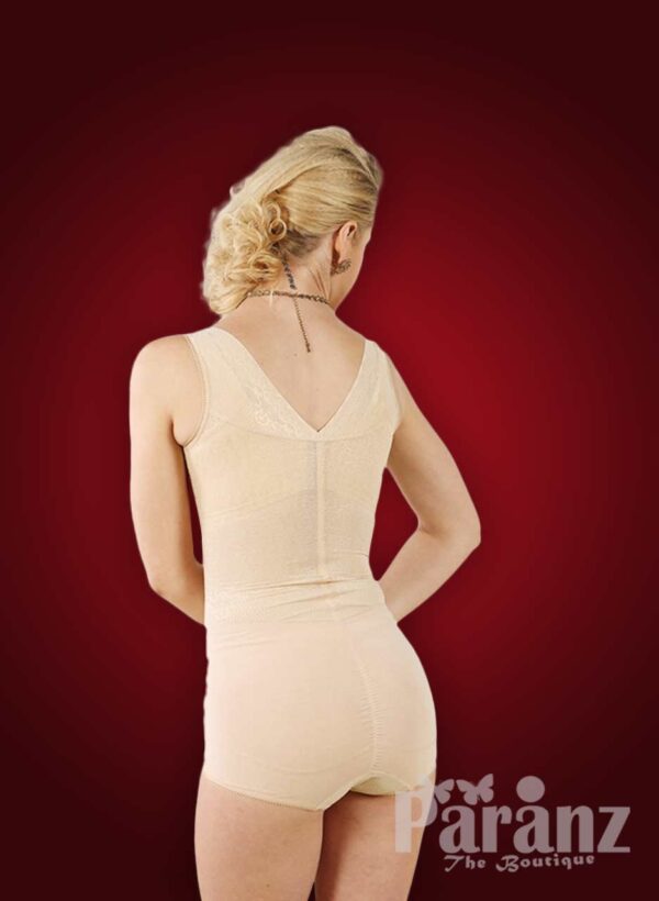 Semi open-bust style sleeveless body shaper with delicate lace work back side view