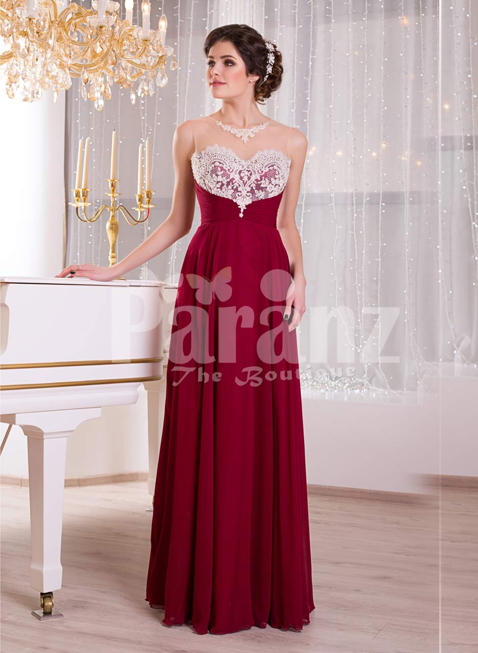 maroon and white gown