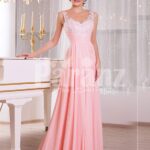 Women’s baby pink glam evening gown with lace appliquéd royal bodice and long tulle skirt
