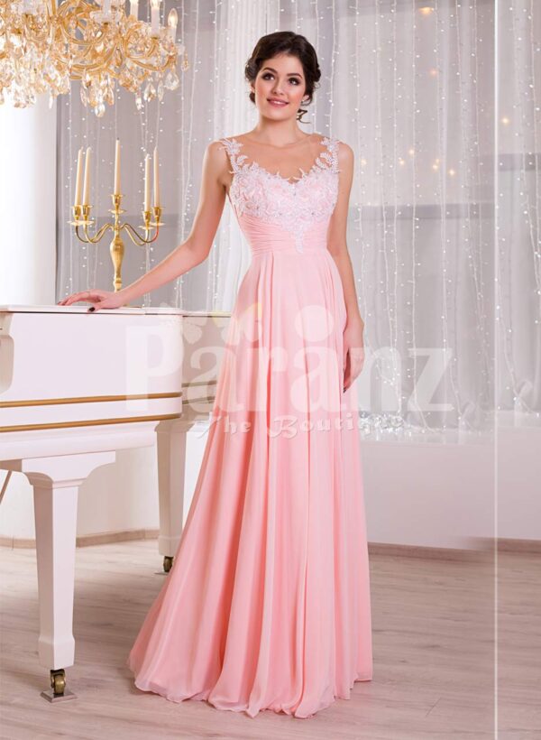 Women’s baby pink glam evening gown with lace appliquéd royal bodice and long tulle skirt